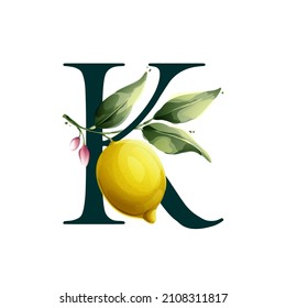 K letter logo with lemons in vector watercolor style. Illustration of green leaves, flowers, buds, and branches. Citrus fruit slices and splashing juice arrangements.