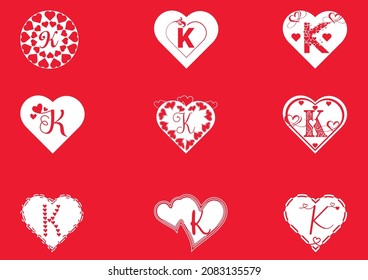 K letter logo with love icon, valentines day design template