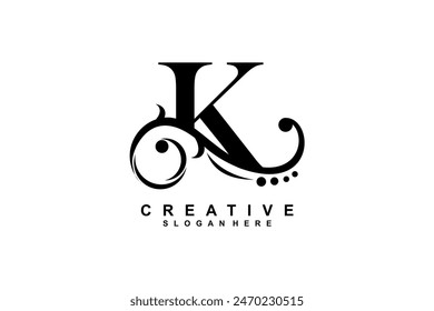 Logo de la letra K con adorno floral negro de lujo. Logotipo de monograma K, tipografía K. adecuado para logotipos de negocios, empresas, belleza, moda, boutiques, etc