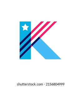 K letter logo made of American Stars and Stripes flag. Vector font for US history and 4th of July celebration in flat style. Perfect for Independence Day cards, invitations, banners.