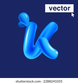 K letter logo made of blue clear water and dew drops. 3D realistic plastic cartoon balloon style. Glossy vector illustration. Perfect for eco-friendly banners, vibrant emblem, healthy food art.