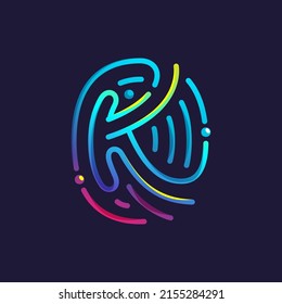 K letter logo made of fingerprint. Multicolor line icon with vivid gradients and shine. Perfect for online payment art, biometric design, nightlife advertising, digital packaging, modern identity.