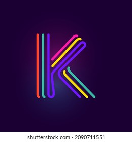 K letter logo is made of three neon lines. Vector font with glowing effect. Perfect for casino identity, vivid sale banner, and futuristic posters. 