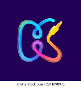 K letter logo made of vivid gradient line wire with mini jack icon and rainbow shine. Overlapping multicolor emblem. Ideal for music app, audio design, DJ identity, technology advertising.