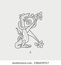 K letter logo. Medieval drop caps monogram. Initials made of spiral Celtic beasts, snake, dragon. Gothic illuminated calligraphy. Middle Ages heraldic ornate capitals. Germanic font for pagan tattoos.