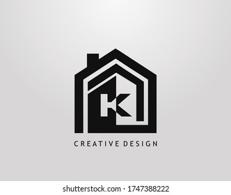 K Letter Logo. Minimalist house shape with negative K letter, Real Estate Building Icon Design.