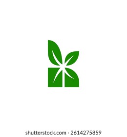 K letter logo with natural green plant in simple design
