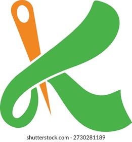Logotipo de letra K com uma agulha para costura, bordado, y e artesanato