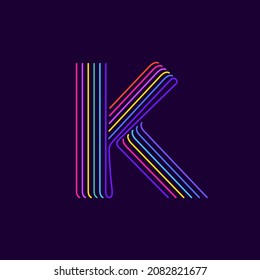 K letter logo in neon light style. Six thin lines colored font. Perfect for casino events posters, vivid emblem, nightlife banner and futuristic identity. 