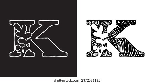 Logo de la letra K con hoja de roble y bellota. Sección transversal de árbol. Textura de madera natural, patrón de anillo. Se cortó la sierra de maletero. Emblema espacial negativo. Icono vectorial para la identidad ecológica, escudo de armas universitario, adv vintage.