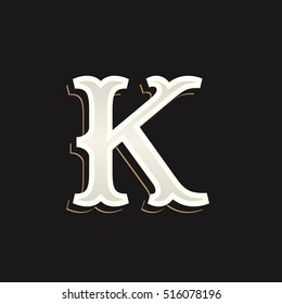 K letter logo with old serif on the dark background. Vintage vector typeface for labels, headlines, posters, cards etc.