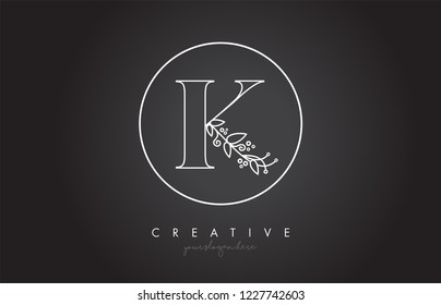 K Letter Logo With Organic Monogram Plant Leafs Detail and Circle Design. Creative Letter Icon Logo.