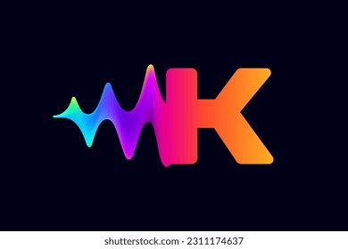 K letter logo with pulse music player element. Vibrant sound wave flow line and glitch effect. Neon gradient icon. Vector template for techno store, electronic music, audio equalizer, DJ posters.