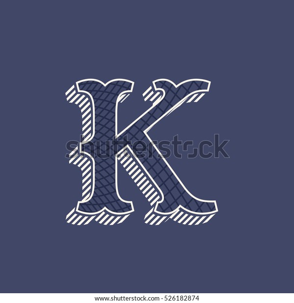 K\
letter logo in retro money style with line pattern and shadow. Slab\
serif type. Vintage vector font for labels and\
posters.
