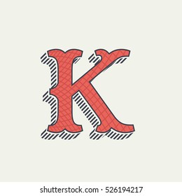 K letter logo. Retro western alphabet with line texture. Slab serif font. Vector vintage typography for your posters, sportswear, club t-shirt, banner, etc.