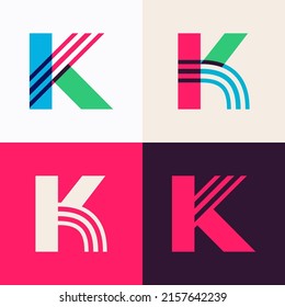 K letter logo set made of overlapping lines. Perfect for applique art, children design, vibrant advertising, mosaic packaging, pattern identity.