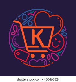 K letter logo with shopping cart icon, hearts and smile. Vector design element for card, corporate identity, label or poster.