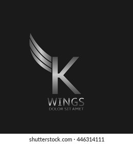 K letter logo. Silver wings symbol. Silver K letter logo template for air company