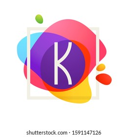 K letter logo in square frame at watercolor splash background. Color overlay style. Vector typeface for labels, headlines, posters, cards etc.