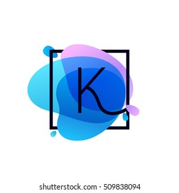 K letter logo in square frame at blue watercolor splash background. Vector ecology typography for your posters, invitations, cards. 