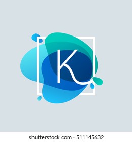 K letter logo in square frame at blue watercolor splash background. Vector ecology typography for your posters, invitations, cards. 