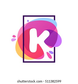 K letter logo in square frame at watercolor splash background. Vector typography for your posters, invitations, cards. 