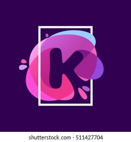 K letter logo in square frame at multicolor splash background. Vector typography for your posters, invitations, cards. 