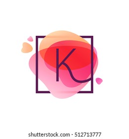 K letter logo in square frame at pink watercolor background. Happy Valentines Day design elements.