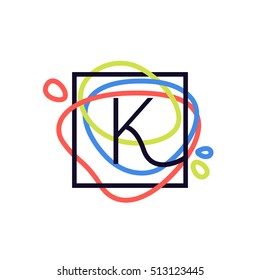 K letter logo in square frame at colorful line background. Font style, vector design template elements for your posters, invitations, cards. 