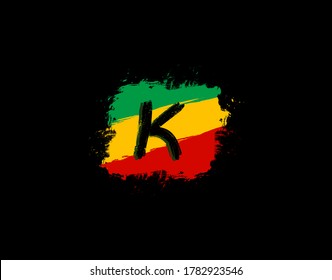 K Letter Logo In Square Grunge Shape With Splatter and Rasta Color. Letter K Reggae Style Icon Design.