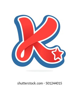 K letter logo with star in vintage baseball style. Sport elements for sportswear, club, t-shirt, banner, card, labels or posters.