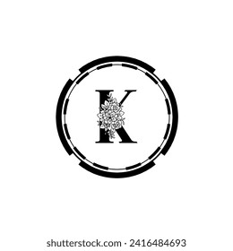 Diseño vectorial de logotipo de letra K. K Icon eco negro y plantilla de concepto de círculo. K conjunto vectorial de letras ecológicas negras logotipo con hojas. Alfabeto K de hojas negras aisladas en fondo blanco. Alfabeto floral.