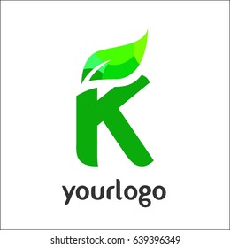 K Letter logo. Vector green alphabet set of eco letters logo with leaves
