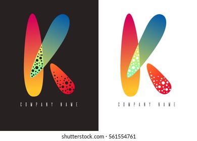 K - letter logo. Vector logotype design made with abstract colorful shapes on black and white background. Abc alphabet design for corporate identity