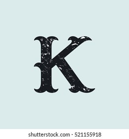 K letter logo. Vintage decorative slab serif with rough grunge texture. Vector font for western, sport or historical labels, posters etc.