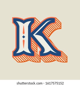 K letter logo in vintage western style with striped shadow. Vector font for barber shop labels, sport posters, jewelry cards etc.