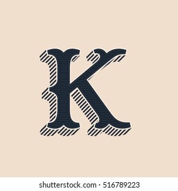 K letter logo in vintage western style with lines shadow. Vector font for labels, posters etc. 