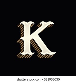 K letter logo in vintage western style with lines shadow. Vector font for barber shop labels, sport posters, jewelry cards etc.