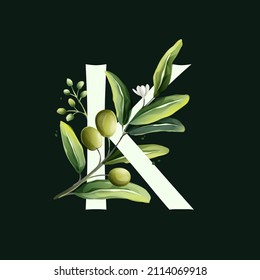 K letter logo in watercolor style with olive branches. Illustration of mediterranean berries, green leaves, flowers, buds, and branches. 