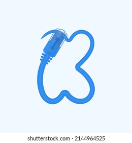 K letter made blue network cable. Vector ethernet rj45 digital cable design font for technology logo and headlines, digital logo, electrick bussines corporate identity and more