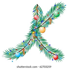 K - Letter. Made of a Christmas tree with festive decorations. Isolated on white