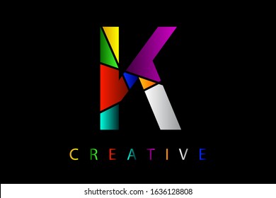 K letter in many colors with broken glass effect. Shattered letter with falling pieces vector illustration for logo, monogram, label, cover, emblem, company name, glass business, firm sign or web page