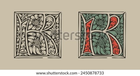 K letter medieval Gothic initial illuminated by foliage ornament. Engraved German drop cap. Dark age hand painted emblem. Classic Latin alphabet font based on XV century embellishment manuscript.