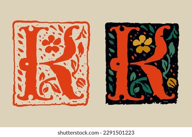 K letter medieval grunge gothic initial. 16th century engraved drop cap. Blackletter style vintage font. Middle Ages capital alphabet with floral ornament. Vector square shaped illuminated calligraphy