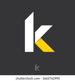 K letter. K monogram consist of white-yellow ribbon, isolated on a dark background. Monochrome option.