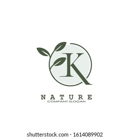 K Letter Nature Floral Logo. Abstract vector logo design concept naturally floral leaf with circle shape and letter for initial or business identity.