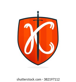 K letter on the sword and shield. Font style, vector design template elements for your application or corporate identity.