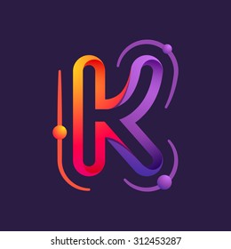 K letter one line with atoms orbits colorful logo. Abstract trendy multicolored vector design template elements for your application or corporate identity.