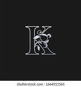 K Letter   Outline  Initial Nature Tropical Leaf logo Icon. Silver classy color logo icon vector design concept monogram vintage luxury.