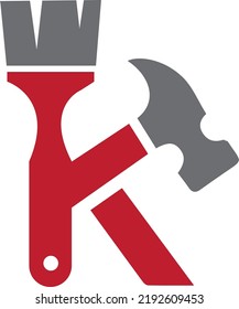 "K"  letter with paint and hammer vector logo icon design. 